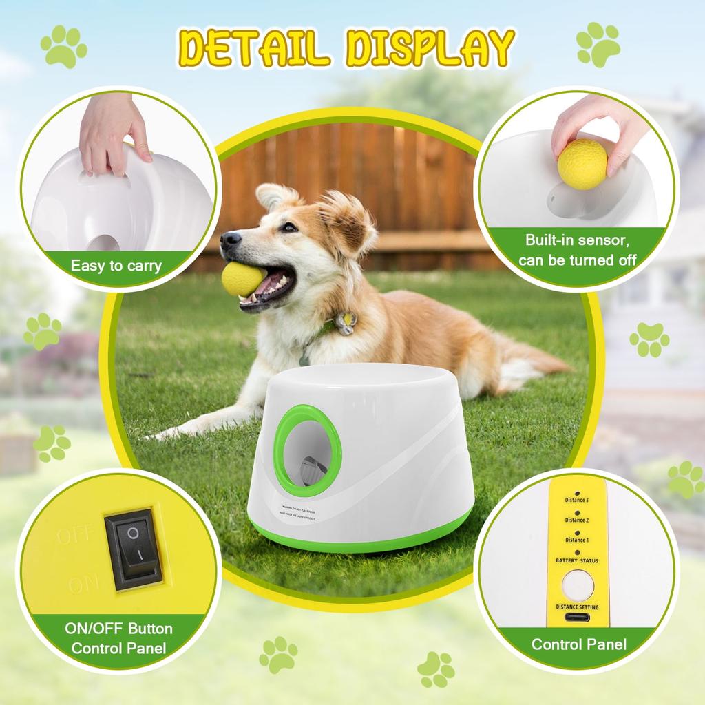 Lanceur de balles automatique pour chiens, Machine interactive de lancer de balle avec 3 niveaux de distance(20-46 pieds) & 5 Balles, Lanceur de Balle pour Chien pour Jouer à l'Intérieur et à l'Extérieur