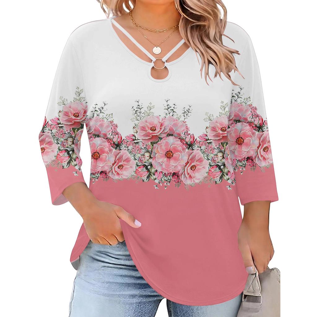 Blusa Floral Feminina Plus Size com Manga Três Quartos, Blusa Casual, Túnica de Corte Amplo para Primavera Verão, Uso Diário, Trabalho e Saídas