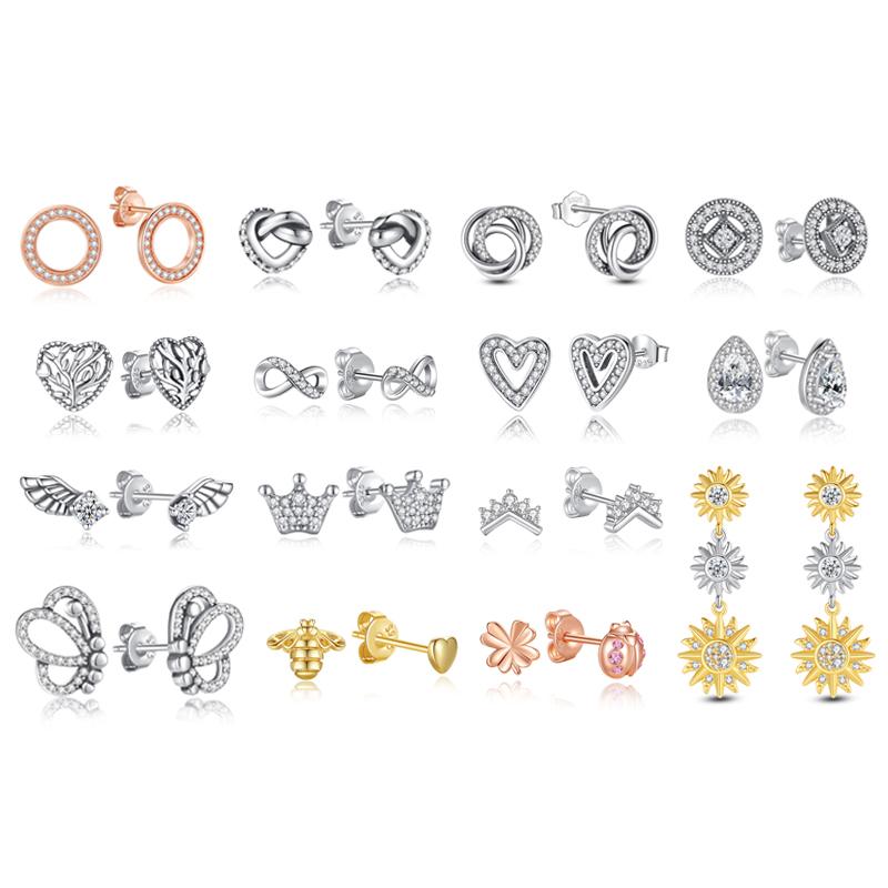 Original 925 Silver Earrings Infinity Love Heart Piercing Crystals Stud Earings For Women Birthday Gift Luxury Jewelry