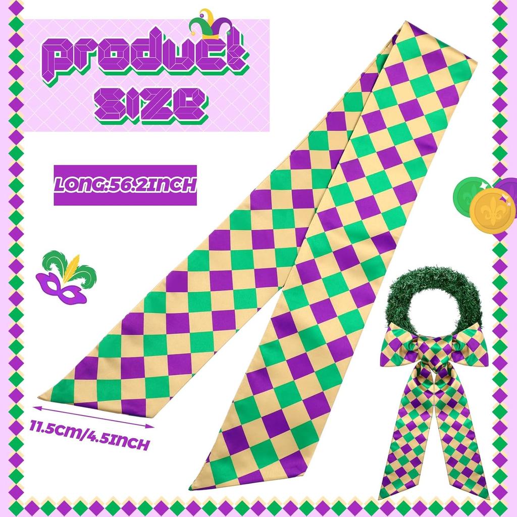 2 Pcs Mardi Gras Sash for Wreath Glitter Purple Green Plaid Scarf for Front Door Mardi Gras Gift Carnival Wreath Decor Carnival Party Decor Yard Wall