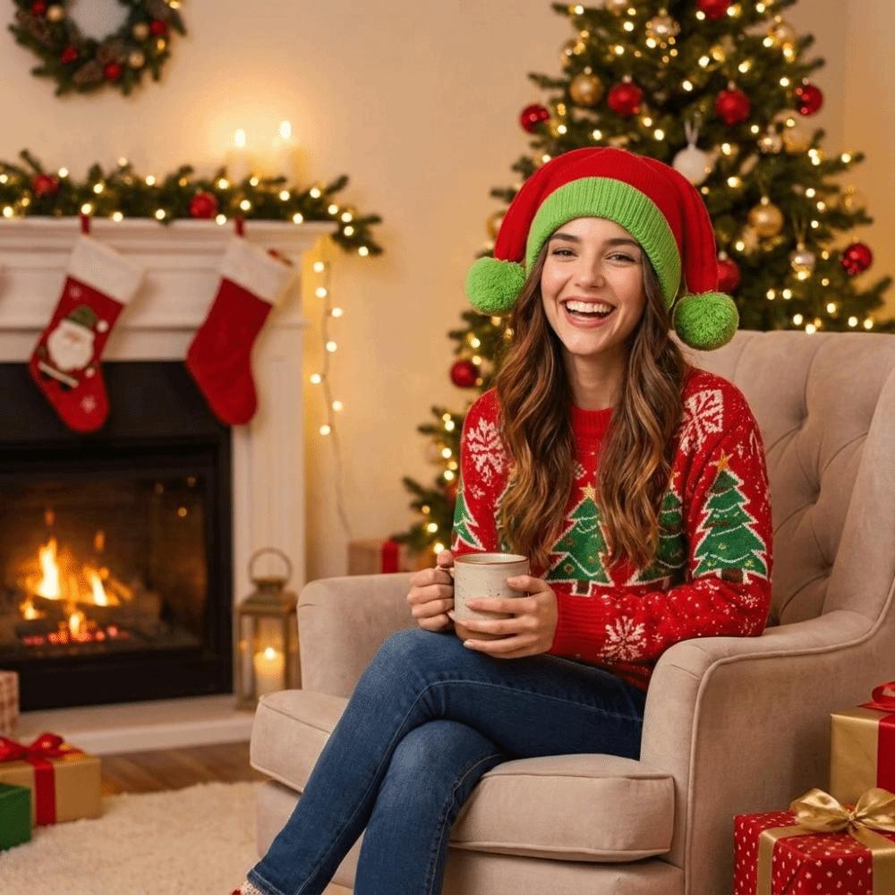 Cute Christmas Knitted Hat Warm Plush Ball Santa Beanie Hat Soft Beanie Comfortable Winter Santa Hat for Holiday New Year Party