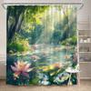 Serene Sunlit Forest Pond Shower Curtain Lotus Flowers Green Foliage Clear Water Polyester Washable with Hooks Bathroom Decor