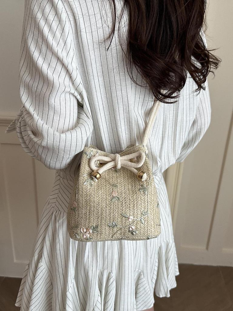 Women's Summer Beach Straw Bag - Drawstring Crossbody & Shoulder Tote