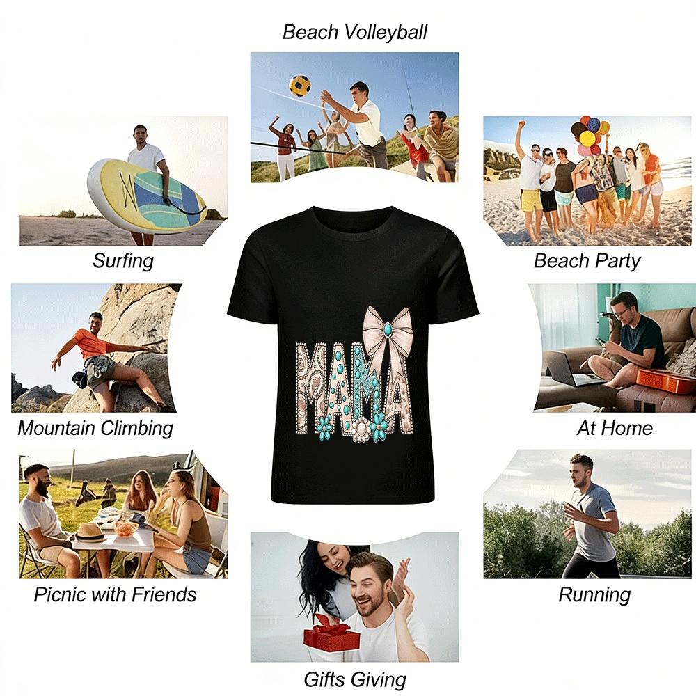 Western Turquoise Embellished MAMA Graphic Casual Top Pure Cotton T-shirt