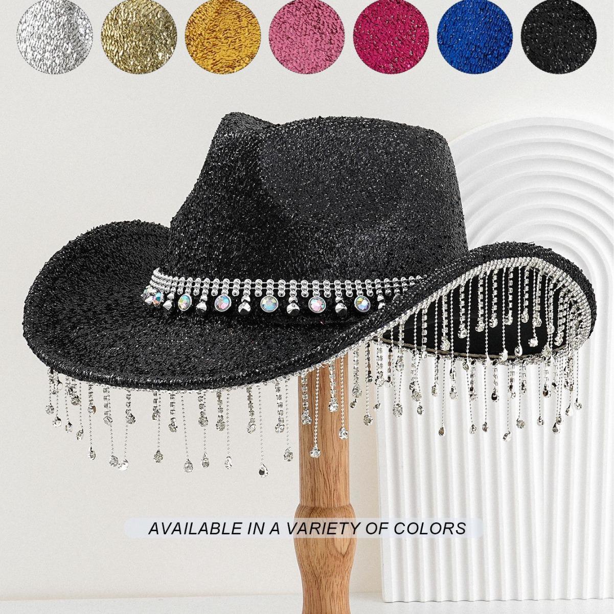 

Unisex Western Cowboy Rhinestone Fedora with Tassels and Sequins for Festivals and Parties. M (56-58cm)