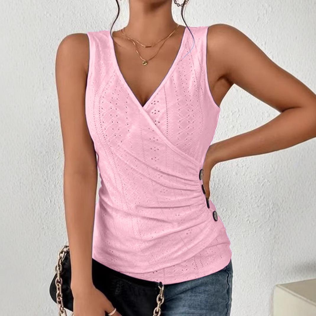 

Women s Fashion Casual V-neck Sleeveless T-shirt Summer Slim Fit T Shirts Solid Color XXL рожевий