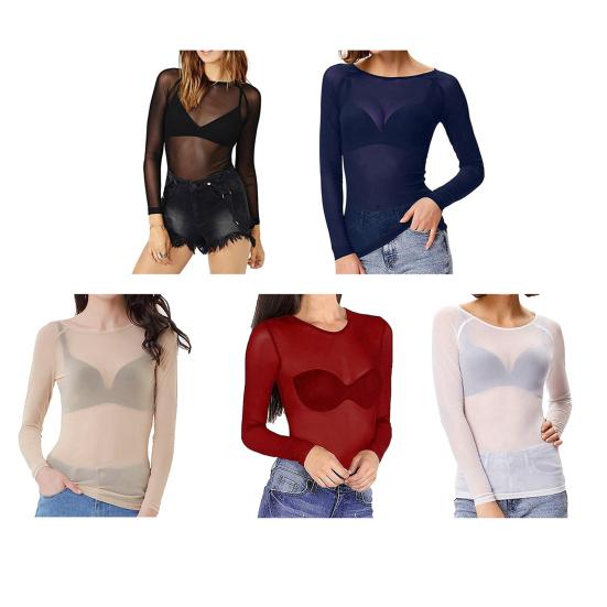Women Tops Round Neck Long Sleeve Slim Fit Sheer Mesh Design Bottom Tops Sexy Casual Bottom Tops Vacations Parties Daily Wear