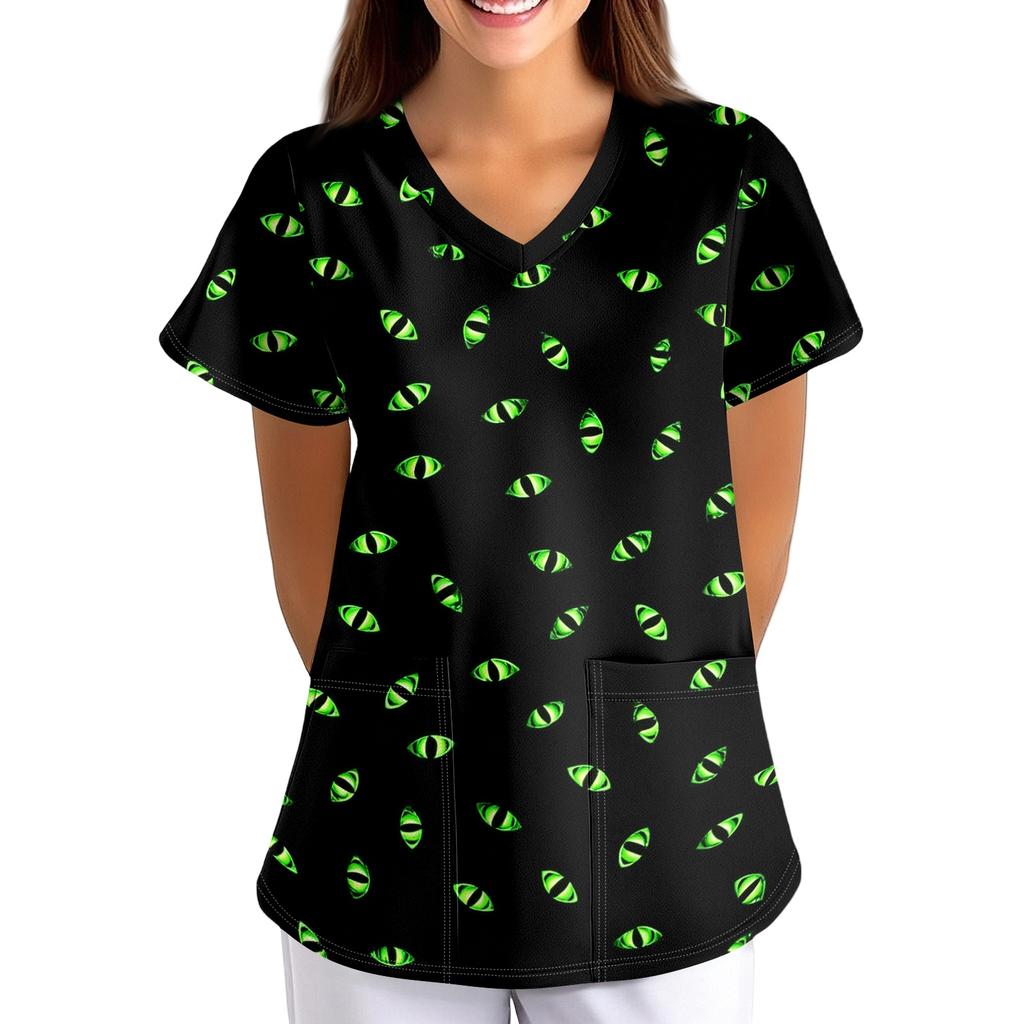 Damen Halloween Print V-Ausschnitt Kurzarm Kasack mit Taschen Lockerer Schnitt