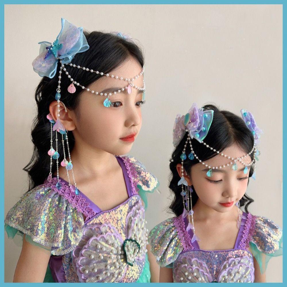 Mermaid Pearl Hair Clip Sweet Bow Accessories Fashion Tassel Forehead Chain  for Children