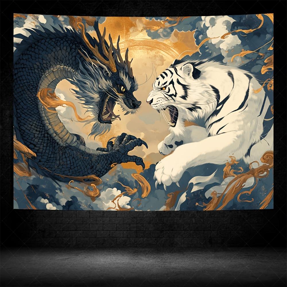 

Dragon vs Tiger Tapestry Mythical Clash Dramatic Clouds Intense Battle for Bold and Powerful Home Decor Wall Art 74x94cm(29x37in)