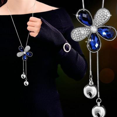Koreańska Moda kwiat Cyrkonie Perła Wisiorek Wiszący Długi Naszyjnik Regulowany Elegancki Chwost Łańcuszek do Swetra Kobieta Dziewczyna Biżuteria