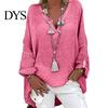 Breathable Cotton Linen Top Women Shirt V-Neck Long Sleeve Mid-length Casual Tops Solid Color Loose Fit Tee Daily Wear Fitting Blouse