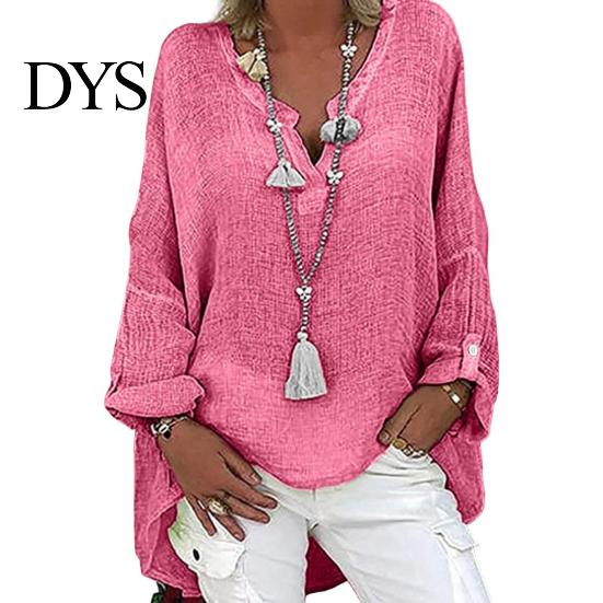 Breathable Cotton Linen Top Women Shirt V-Neck Long Sleeve Mid-length Casual Tops Solid Color Loose Fit Tee Daily Wear Fitting Blouse
