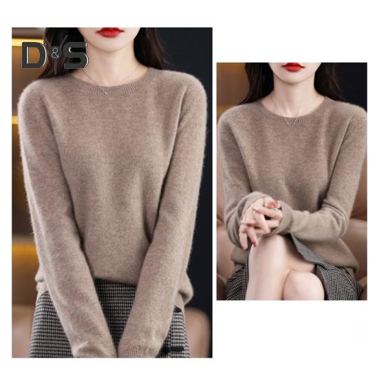 Women Bottoming Sweater Imitation Cashmere Crew Neck Sweater Long Sleeve Solid Color Slim Fit Ribbed Trim Knitting Tops
