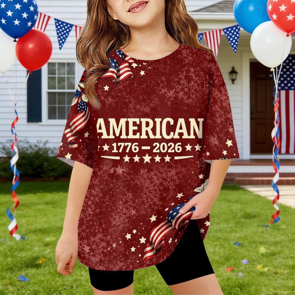 Kids Independence Day Print Round Neck Short Sleeve Casual T-shirt