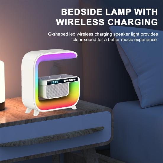 Wireless Charging Speaker Alarm Clock with Colorful Atmosphere Light G-shaped Multi-functional Bluetooth-compatible Desk Lamp Speaker