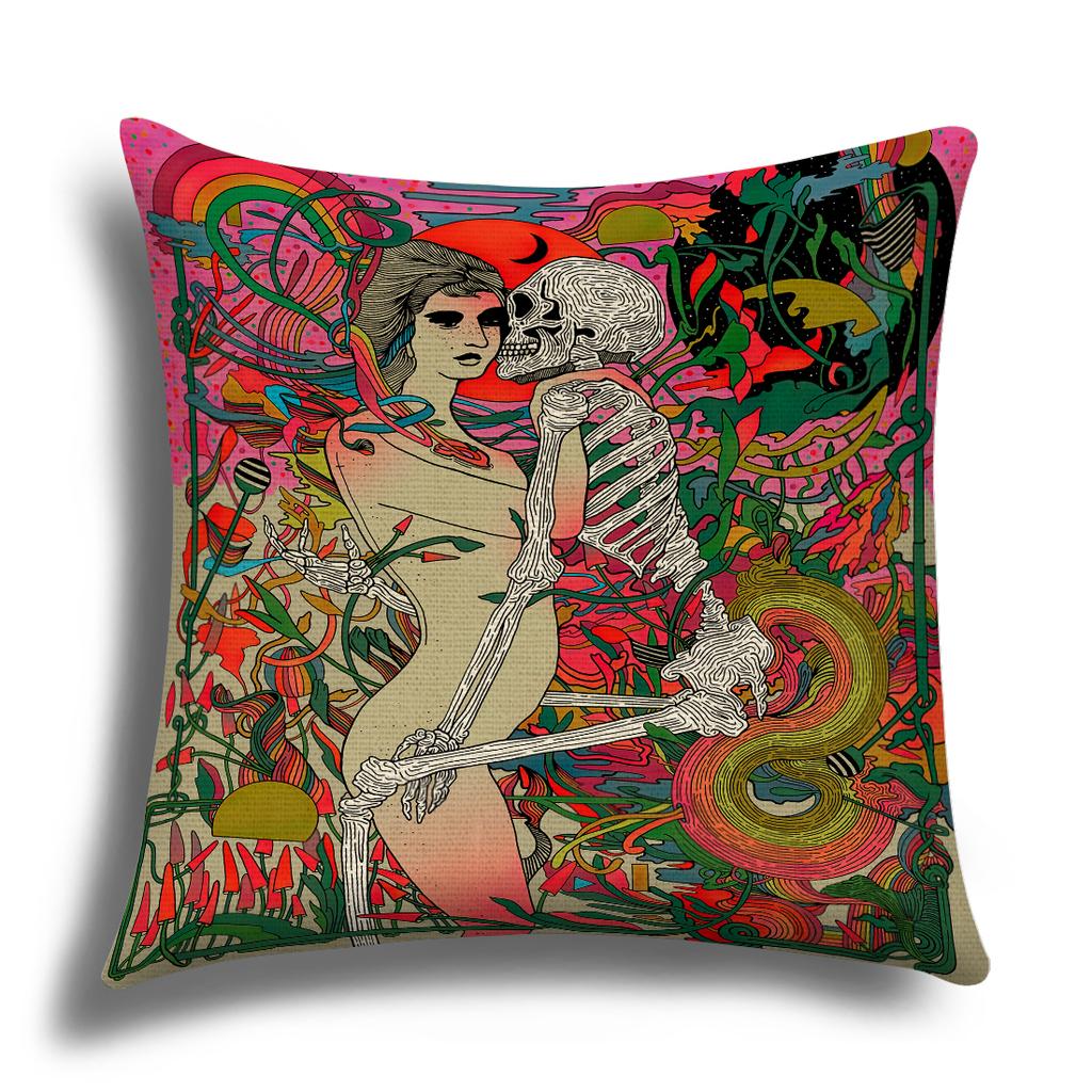 Classic Retro Girl Skull Illustration Cushion Cover Pillow Cover Sofa Cushion Cover Living Room Bedroom Soft Home Decoration