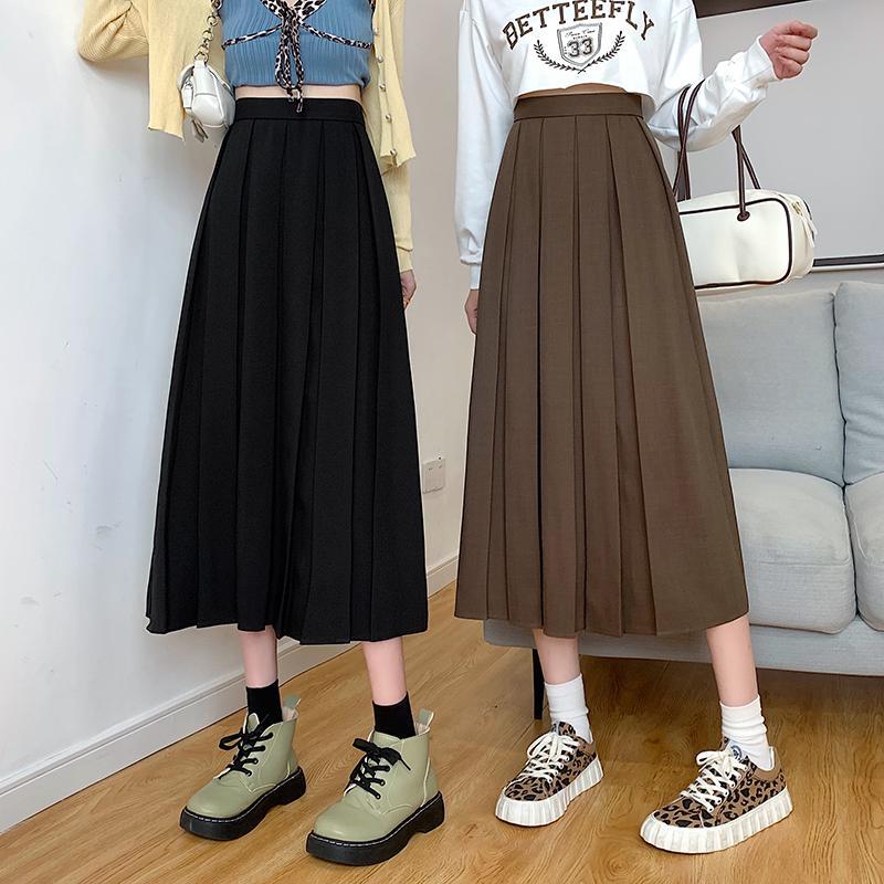 Pleated Skirts Women Brown Midi Skirt A-line High Waist Vintage Office Lady Elegant Fashion Korean Style Clothing Female