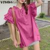 VONDA Women Summer Lace-up Neck Flounces Sleeve Casual Ruffled Long Blouse