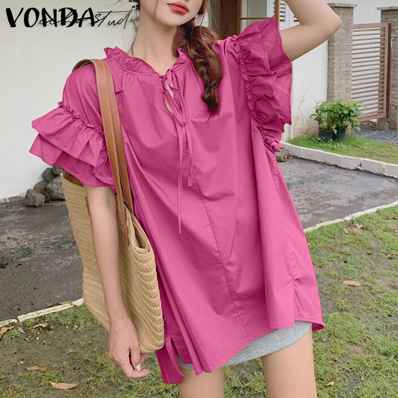VONDA Women Summer Lace-up Neck Flounces Sleeve Casual Ruffled Long Blouse
