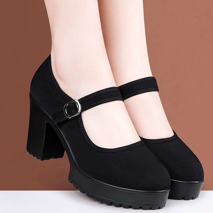 Medium heel cloth shoes spring black platform thick heel non-slip shoes square dance shoes single shoes