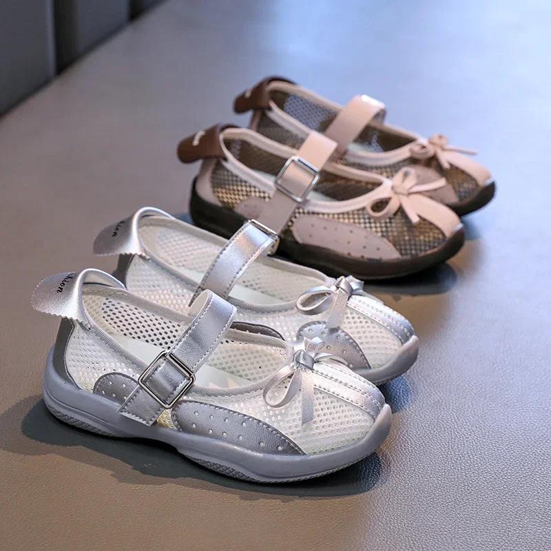 Children Mesh Shoes 2025 Summer New Patchwork Bowknot Girls Causal Shoes Breathable Non-slip Kids Fashion School Sports Sandals