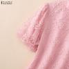 ZANZEA Women Stand Collar Loose Casual Lace Patchwork Short Sleeve Blouse