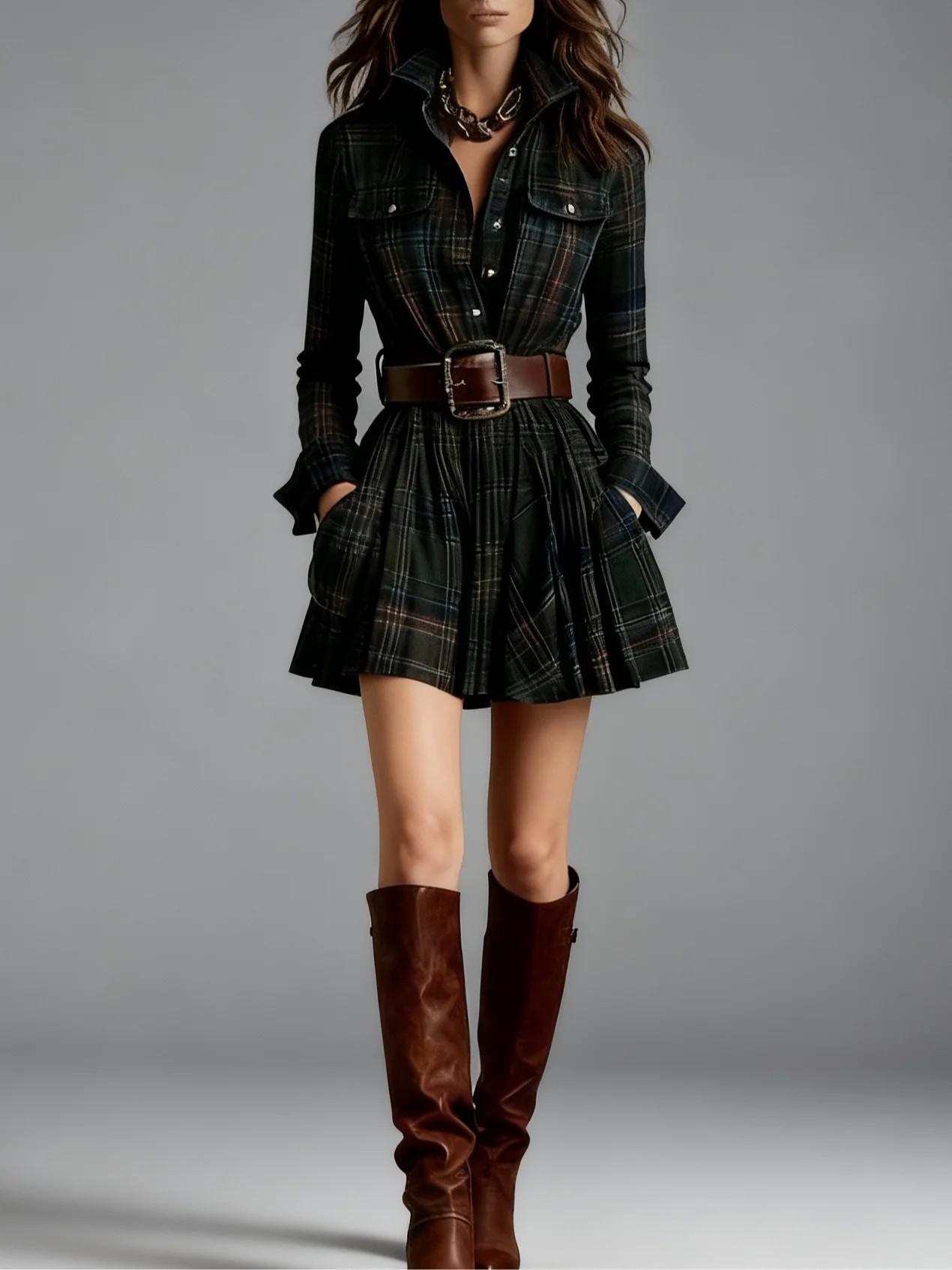 

Women s Retro Plaid Shirt Dress with Pockets - Long Sleeve, Short Skirt, European & American Style Small темно-зелений колір