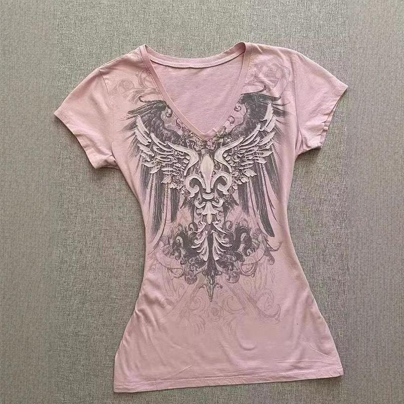 

[210g 40-Count Fine Cotton 1*1] American Retro Vintage Pink V-Neck Short-Sleeved T-Shirt for Women Pink S