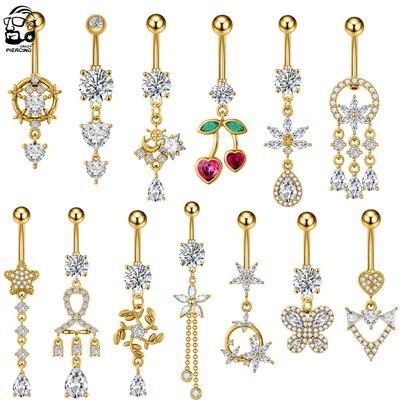 Mixed-Style Long Dangled Belly Button Ring Gold Color Wind Chime Chandelier Cherry Crystal Belly Navel Piercing Nombril Jewelry