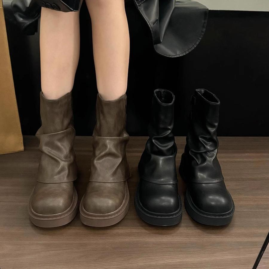 British street babes trend pleated sleeve stacked pants tube boots 2025 new drag cool muffin platform fashion boots