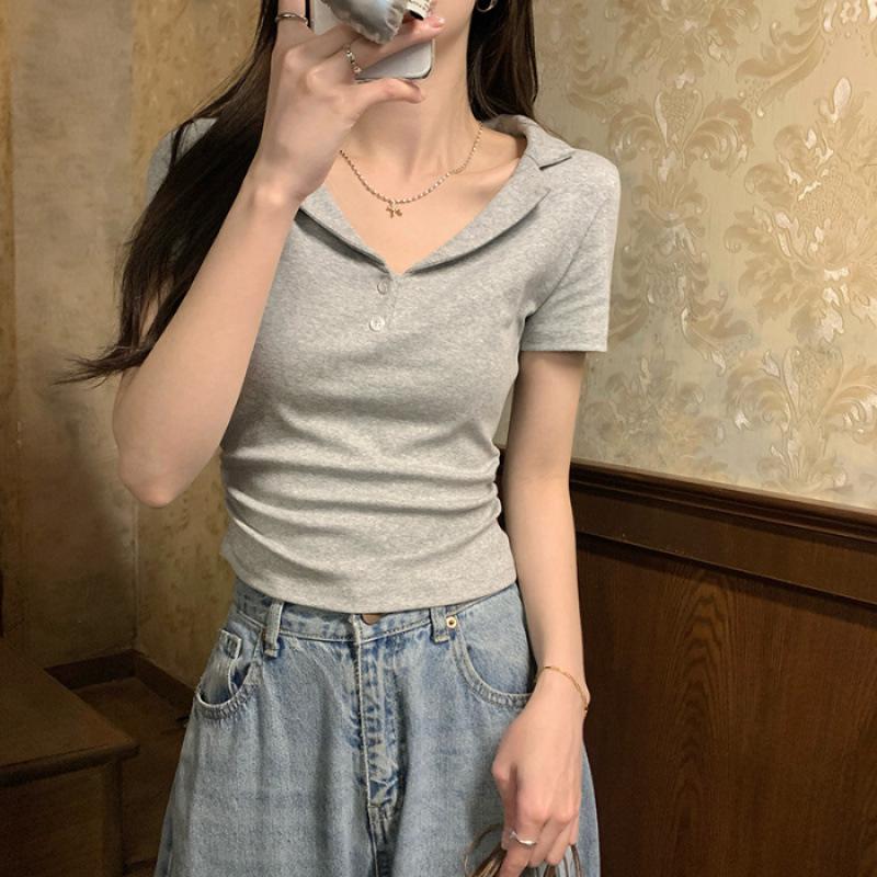 

Желтая футболка-поло приталенного кроя в стиле шик - Женский летний топ с коротким рукавом Extra Large хизер серый