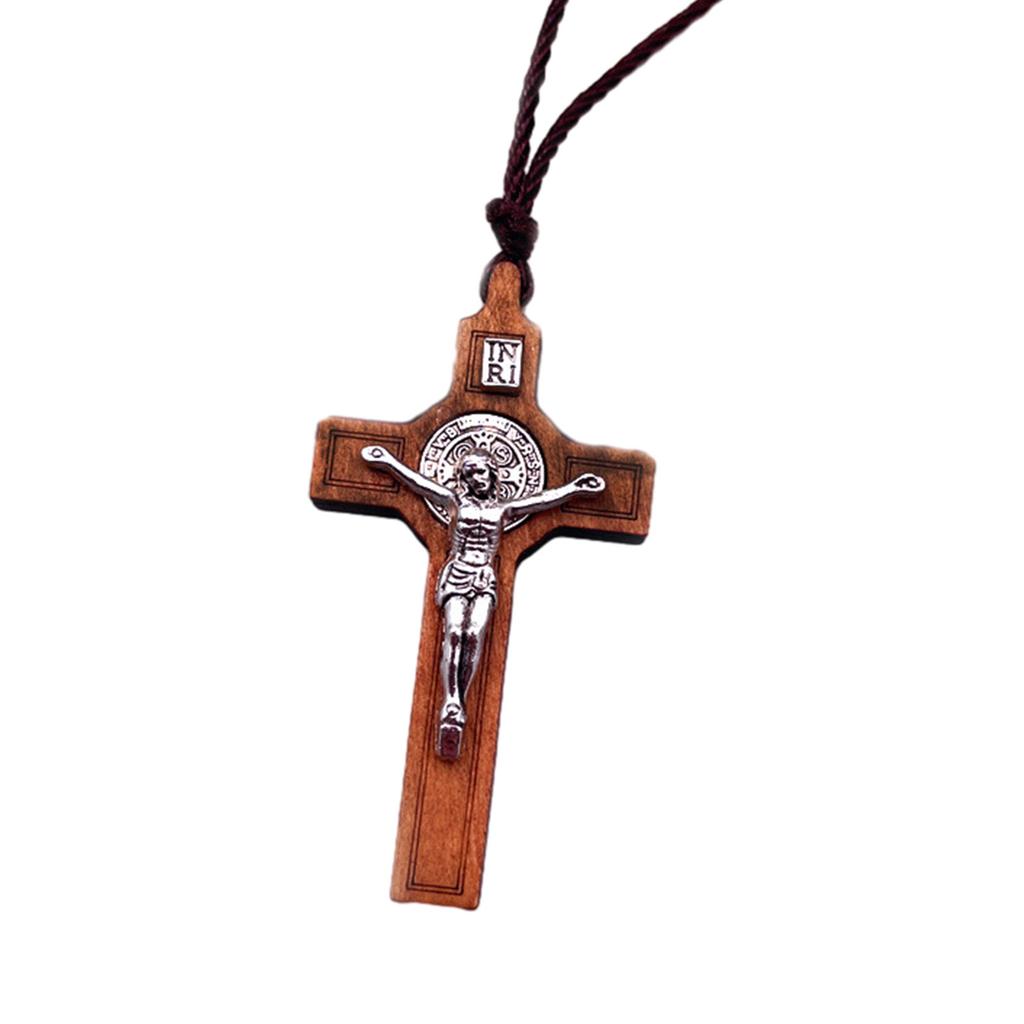 Retro Herren Damen Halskette mit schwarzem Seil Kreuz Anhänger Christlich Religiös Naturholz für Kinder Jungen Mädchen