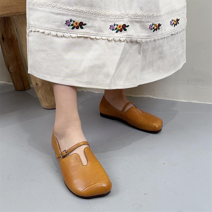 Johnature Square Toe Belt Buckle Soft Soled Shoes Genuine Leather Commuting Shallow Women's Flat Shoes