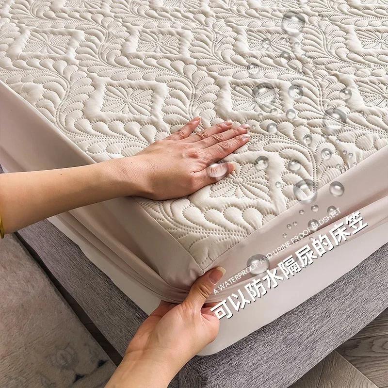 Waterproof Solid Color Embossed Mattress Cover Thicken Fitted Sheet Bed Cover for Bedroom Hotel Soft Pad for Bed