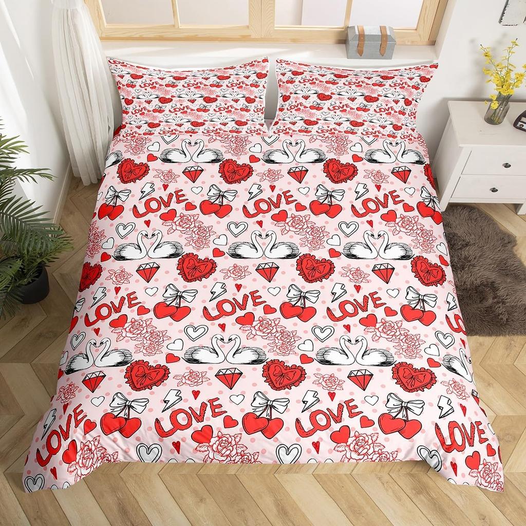 Happy Valentine'S Day Duvet Cover Pink Red Heart Mystery Starry Sky Bedding Set Romantic Love Pattern Black Galaxy Quilt Cover