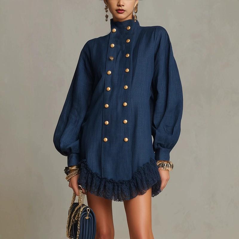 Elegant High-Neck Double-Breasted Button Lantern Sleeve Dress With Lace Trim Irregular Hem Street Style