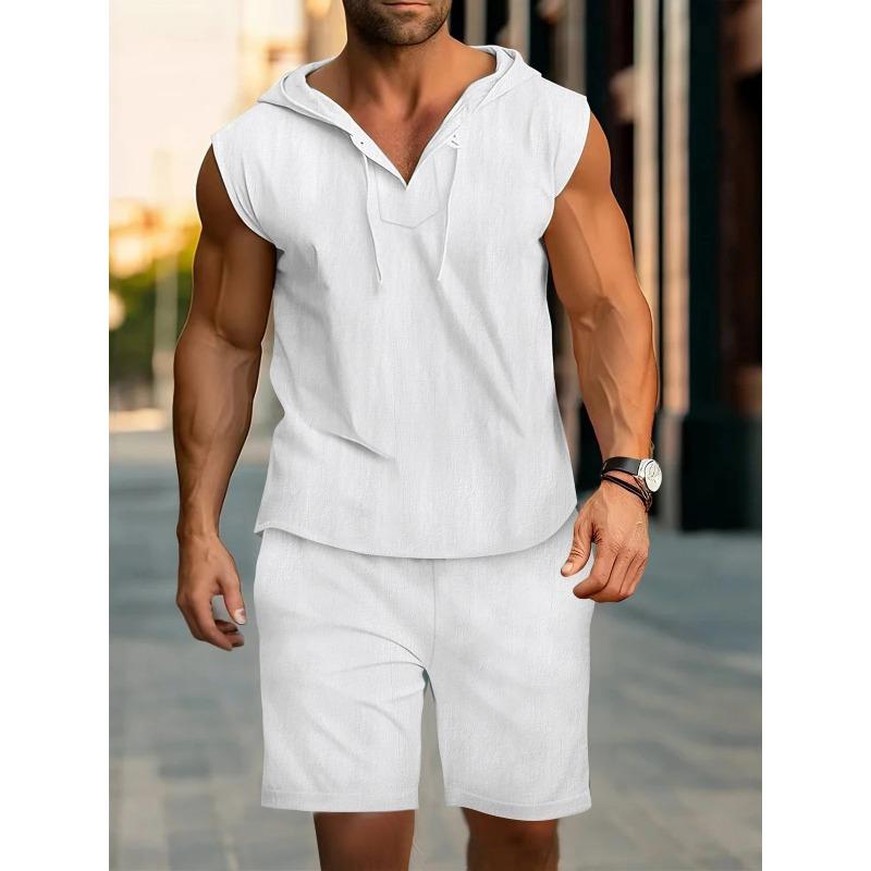 Men's New Summer Casual Hooded Outfit, Comfortable and Fashionable Men's Beach Set, Solid-color Casual Two-piece Set
