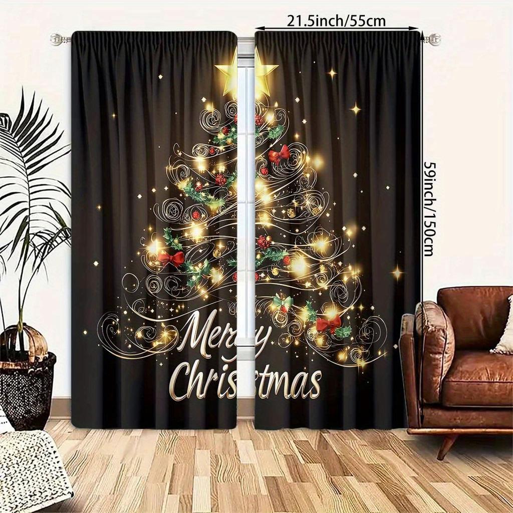 Christmas Tree Curtains Merry Print Light Filtering Fade Resistant Home Decor Blocking Set Of 2 Made Polyester With Rod Pocket Machine Washable