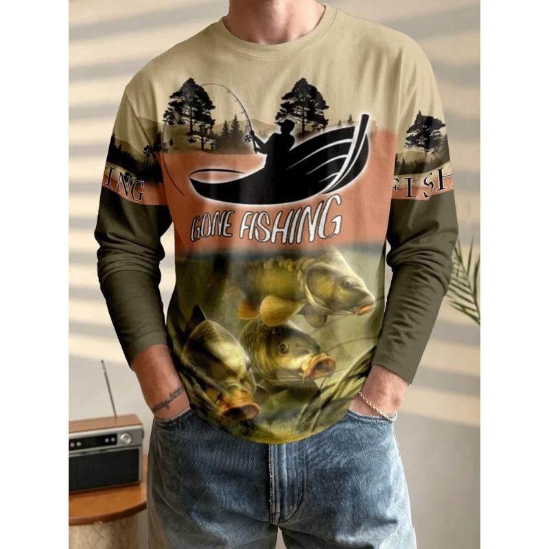 Tricou cu gât rotund și mânecă lungă, imprimat 3D, pentru bărbați, toamnă și iarnă