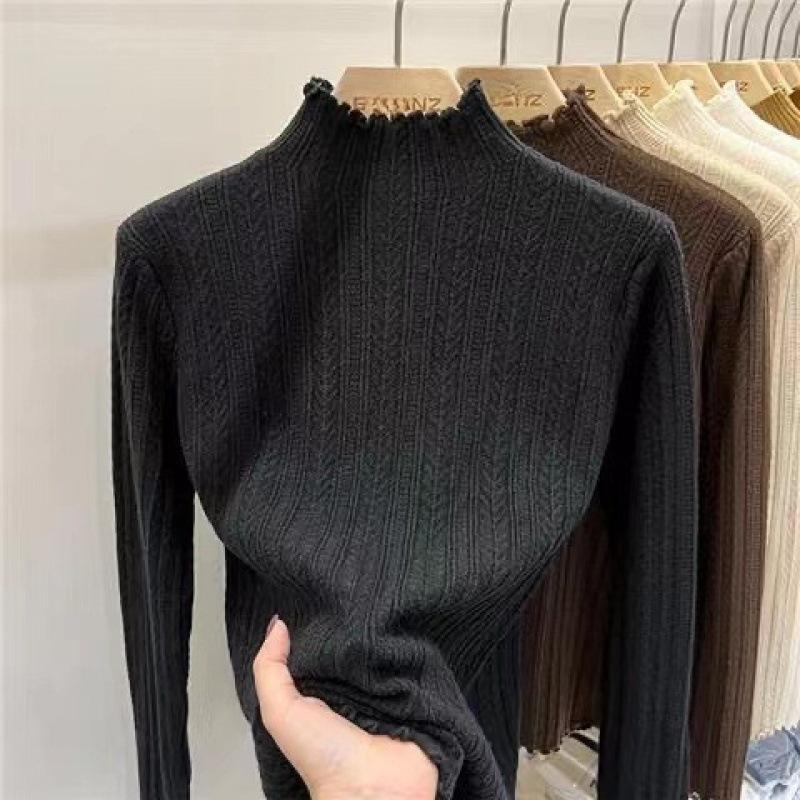 

Semi-turtleneck slim knitted sweater women s early autumn new top fashion inner with fungus edge sweater bottoming shirt One size чёрный