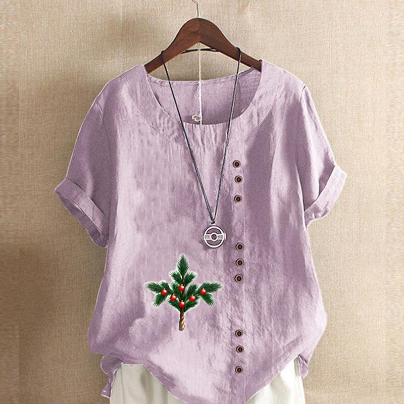 Women's Fashion Round Neck Short Sleeve T-shirt Casual Cotton Linen Graphic Shirt Jingling Bell Prined Summer Blouse Tops Plus Size