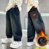 Jeans Termici Autunno Inverno da Cowboy per Ragazzo Grande Pantaloni di Tessuto Denim High Street Jeans Retro Blu Caldi Larghi Imbottiti Pantaloni per Bambini