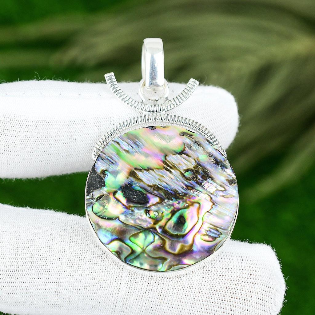 925 Sterling Silver Round Natural Abalone Shell Sister Birthday Pendant Jewelry