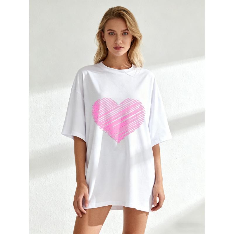 Oversized T Shirt Black Pink Heart Print Casual Wear For Women Summer Outfit Street Style Fashion Top