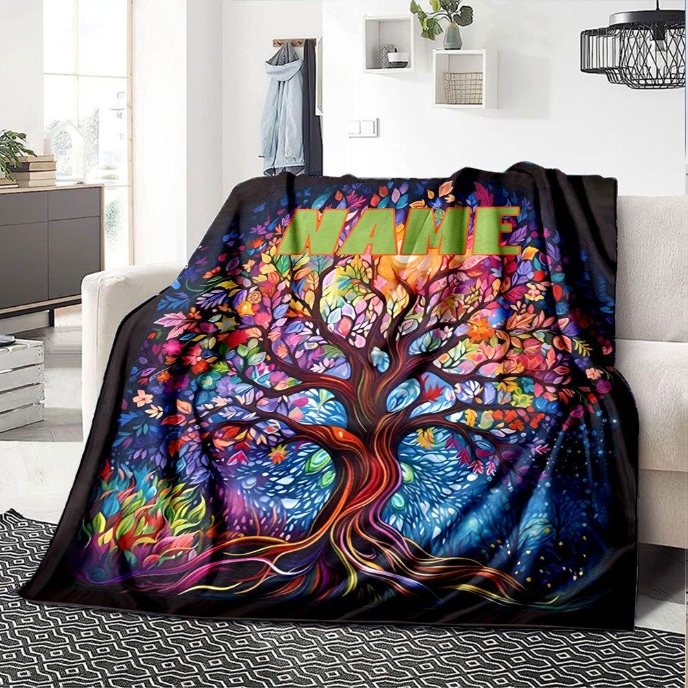 Colorful Tree Of Life Home Customized Your Name Blanket Soft And Comfortable Lightweight And Breathable Very Suitable For Picnics Living Room Comfort