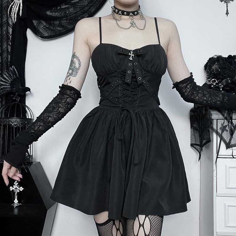 Goth Sexy Fasciatura Senza Maniche Copri Corpo Abiti da Festa Bodycon Y2K Vintage Abito Scoperto Streetwear
