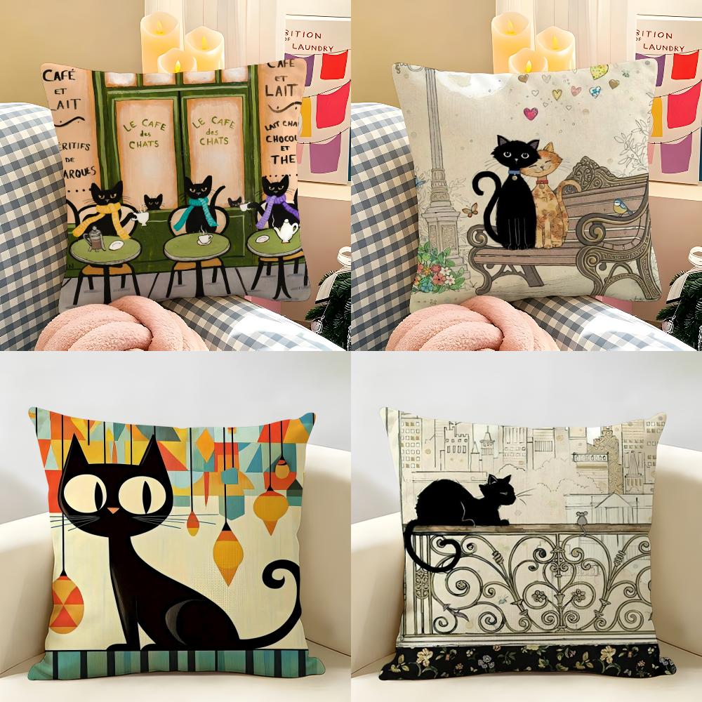 Cartoon little black cat cute Cushion Cover Natural Linen Double Sided Print Throw Pillow Case for Sofa Couch Home Decor