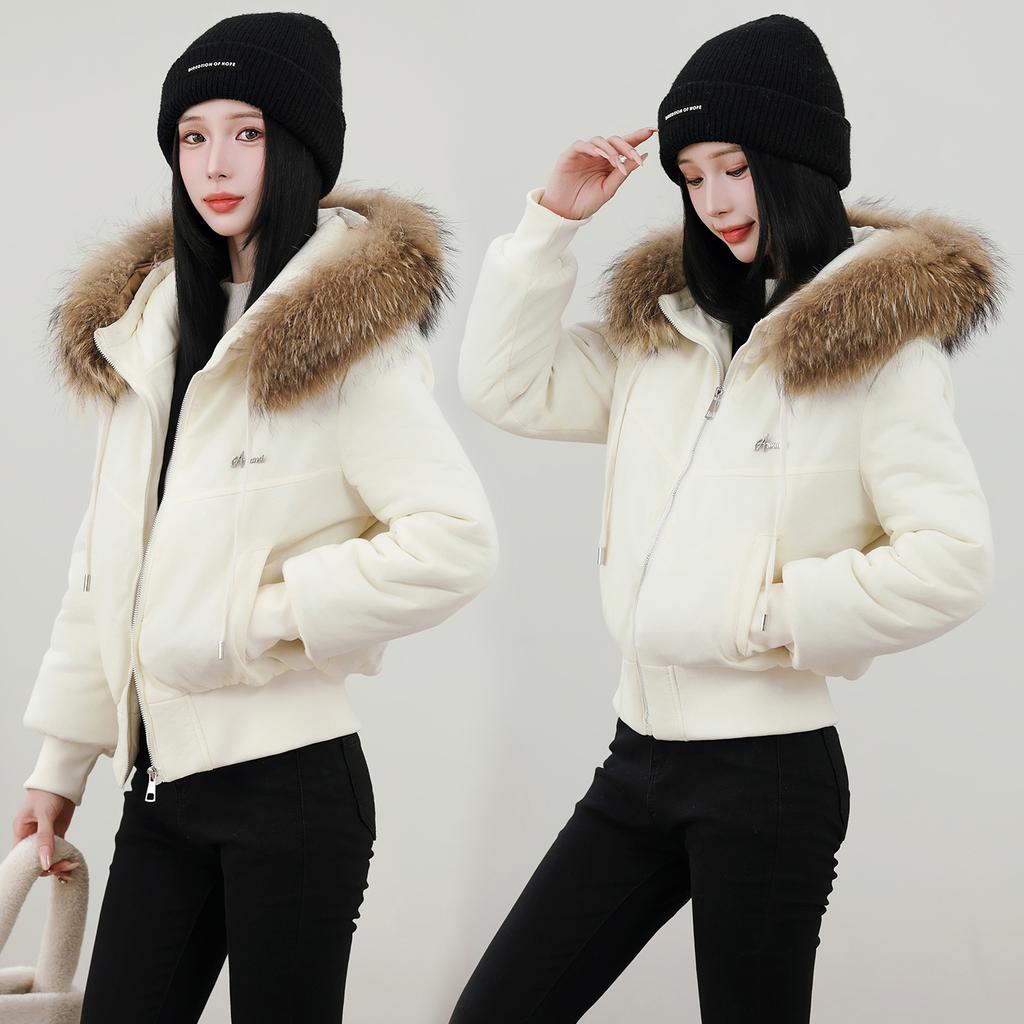 Big fur collar hooded short cotton-padded clothes women's fleece thickened warm jacket winter new cotton-padded jacket small cotton-padded clothes