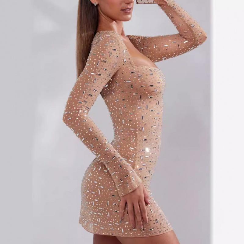 Ohpolly Luxurious Nude Rhinestone Sequin Mini Evening Dress